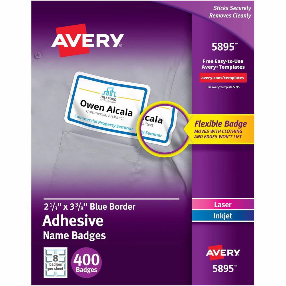 Avery&reg; Adhesive Name Badges - 2 21/64" Width x 3 3/8" Length - Removable Adhesive - Rectangle - Laser, Inkjet - White, Blue - Film - 8 / Sheet - 50 Total Sheets - 400 Total Label(s) - 400 / Box. Picture 1