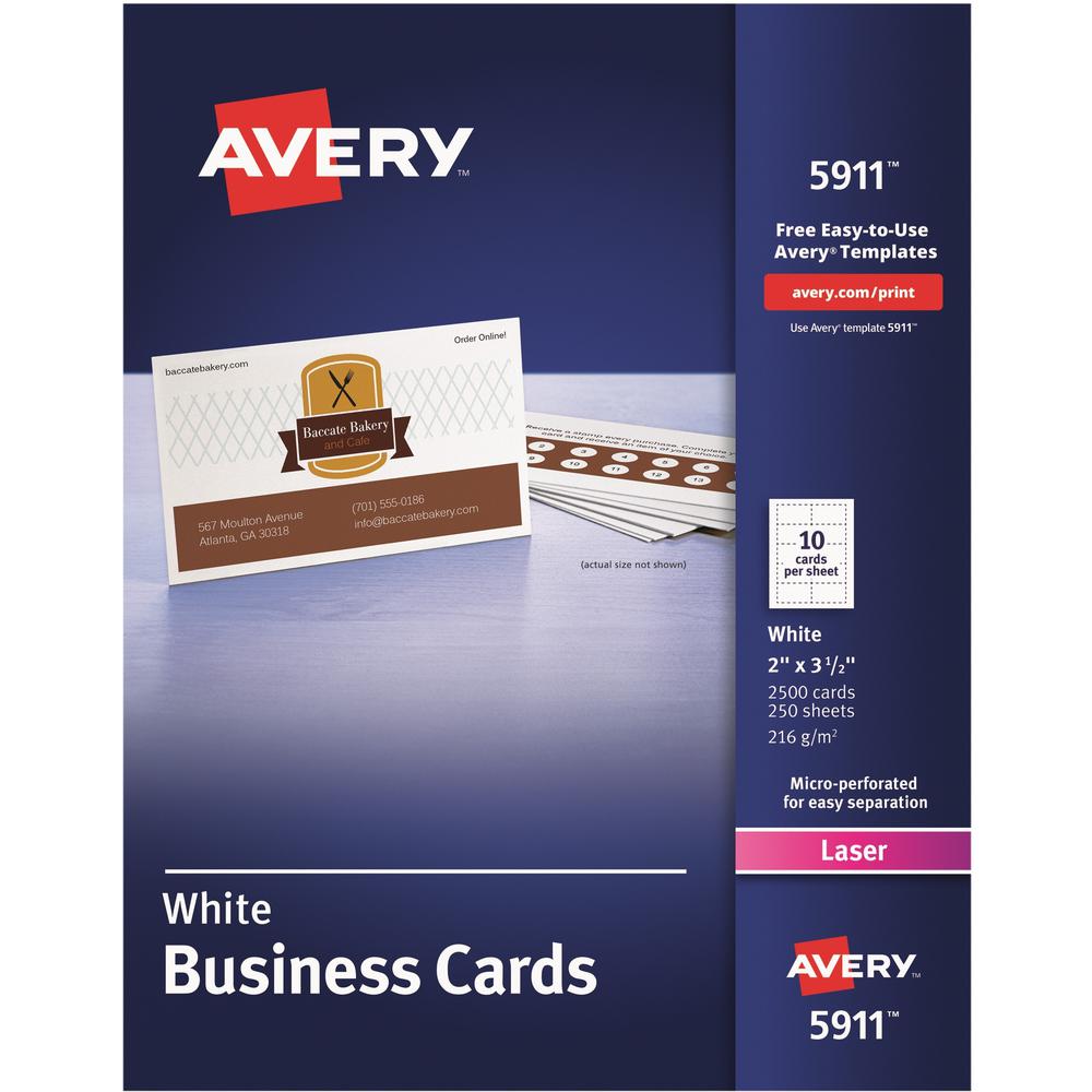Avery&reg; Perforated Business Cards for Laser Printers, 2" x 3½" - 97 Brightness - 2" x 3 1/2" - 80 lb Basis Weight - 216 g/m&#178; Grammage - 2500 / Box - Perforated, Heavyweight, Jam-free, Smooth E. Picture 1