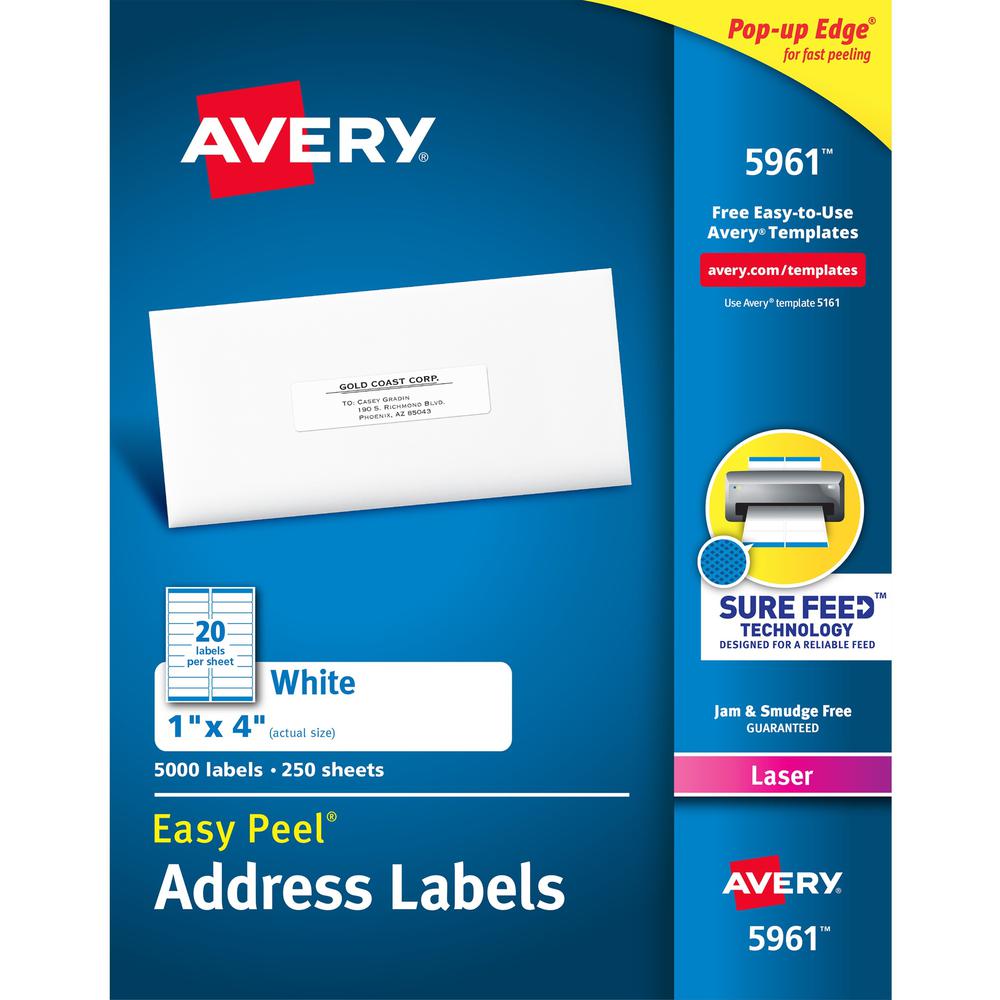 Avery&reg; Easy Peel Address Labels - 1" Width x 4" Length - Permanent Adhesive - Rectangle - Laser - White - Paper - 20 / Sheet - 250 Total Sheets - 5000 Total Label(s) - 5000 / Box. Picture 1