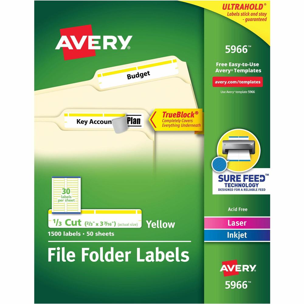 Avery&reg; TrueBlock File Folder Labels - Permanent Adhesive - Rectangle - Laser, Inkjet - Yellow - Paper - 30 / Sheet - 50 Total Sheets - 1500 Total Label(s) - 1500 / Box. Picture 1