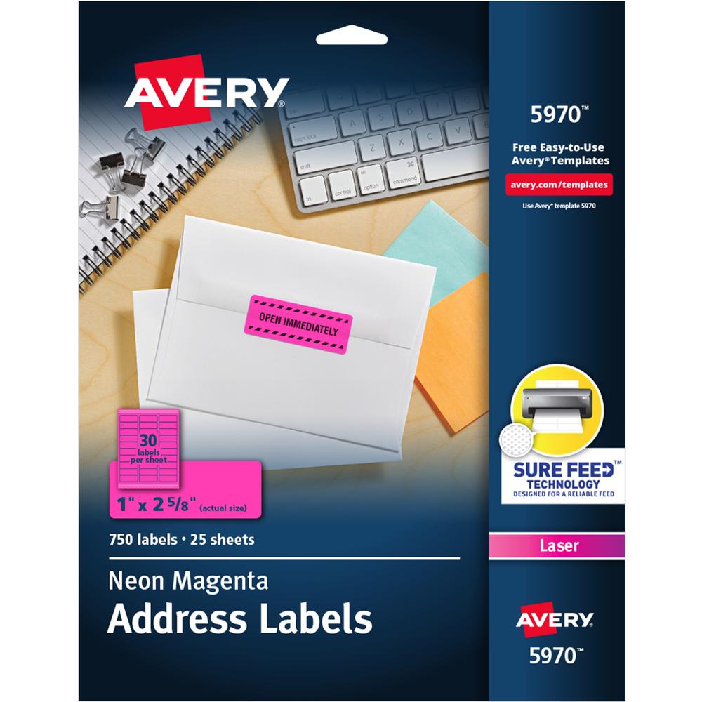 Avery&reg; Shipping Labels - 1" Width x 2 5/8" Length - Permanent Adhesive - Rectangle - Laser - Neon Magenta - Paper - 30 / Sheet - 25 Total Sheets - 750 Total Label(s) - 750 / Pack. Picture 1
