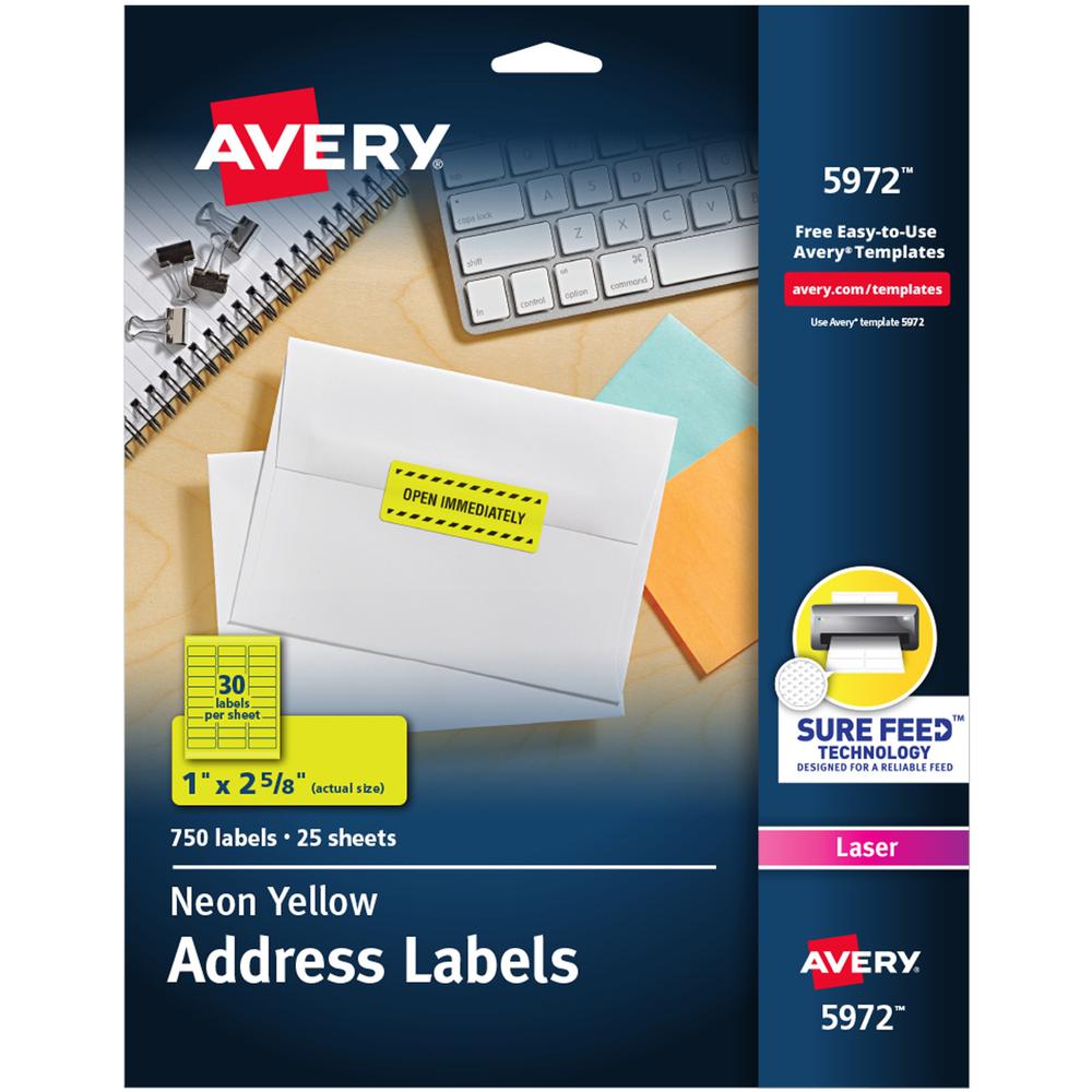 Avery&reg; Shipping Labels - 1" Width x 2 5/8" Length - Permanent Adhesive - Rectangle - Laser - Neon Yellow - Paper - 30 / Sheet - 25 Total Sheets - 750 Total Label(s) - 750 / Pack. Picture 1