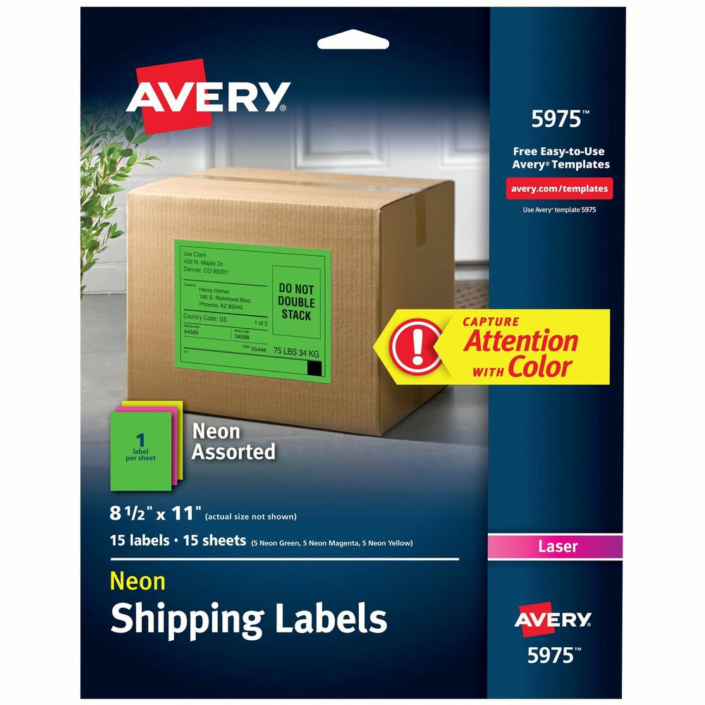 Avery&reg; Assorted Neon Shipping Labels, 8-1/2" x 11" , 15 Labels (5975) - Permanent Adhesive - Rectangle - Laser - Neon Magenta, Neon Green, Neon Yellow - Paper - 1 / Sheet - 15 Total Sheets - 15 To. Picture 1