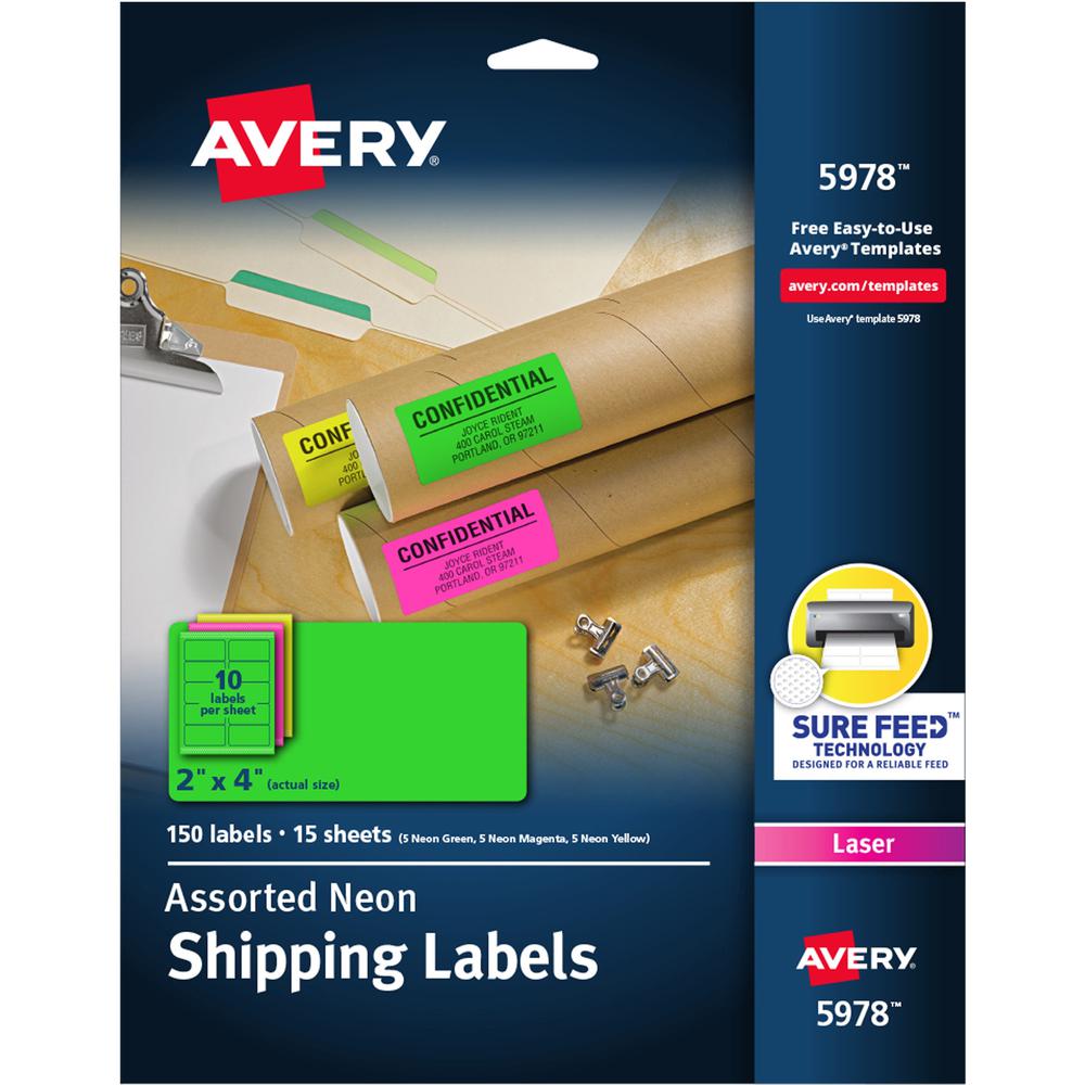 Avery&reg; Shipping Labels - 2" Width x 4" Length - Permanent Adhesive - Rectangle - Laser - Neon Magenta, Neon Green, Neon Yellow - Paper - 10 / Sheet - 15 Total Sheets - 150 Total Label(s) - 5. Picture 1