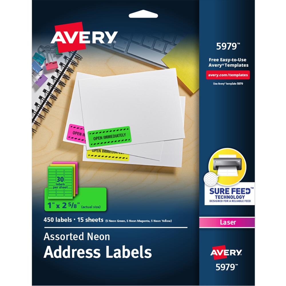 Avery&reg; Shipping Labels - 1" Width x 2 5/8" Length - Permanent Adhesive - Rectangle - Laser - Neon Magenta, Neon Green, Neon Yellow - Paper - 30 / Sheet - 15 Total Sheets - 450 Total Label(s) - 450. Picture 1