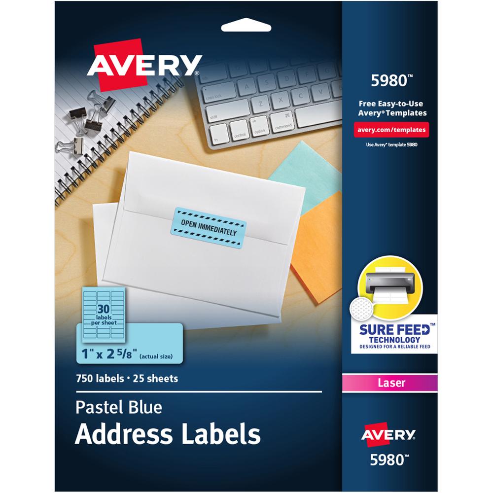 Avery&reg; Shipping Labels - 1" Width x 2 5/8" Length - Permanent Adhesive - Rectangle - Laser - Pastel Blue - Paper - 30 / Sheet - 25 Total Sheets - 750 Total Label(s) - 750 / Pack. Picture 1