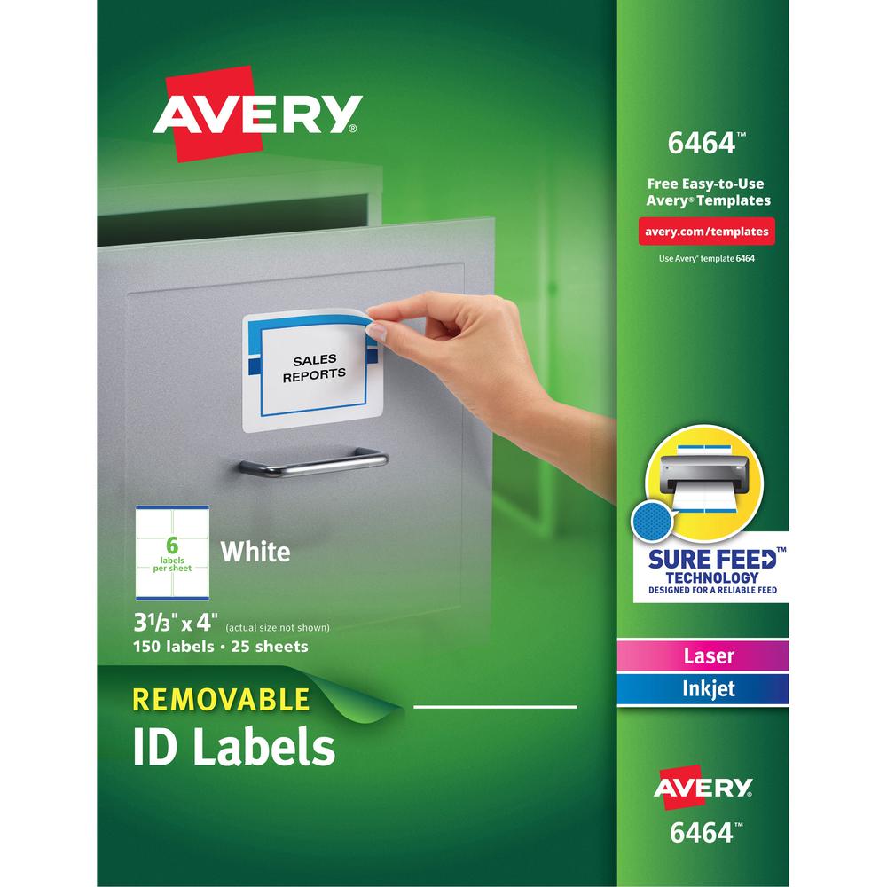 Avery&reg; Removable I.D. Labels - 3 21/64" Width x 4" Length - Removable Adhesive - Rectangle - Laser, Inkjet - White - Paper - 6 / Sheet - 25 Total Sheets - 150 Total Label(s) - 150 / Pack. Picture 1