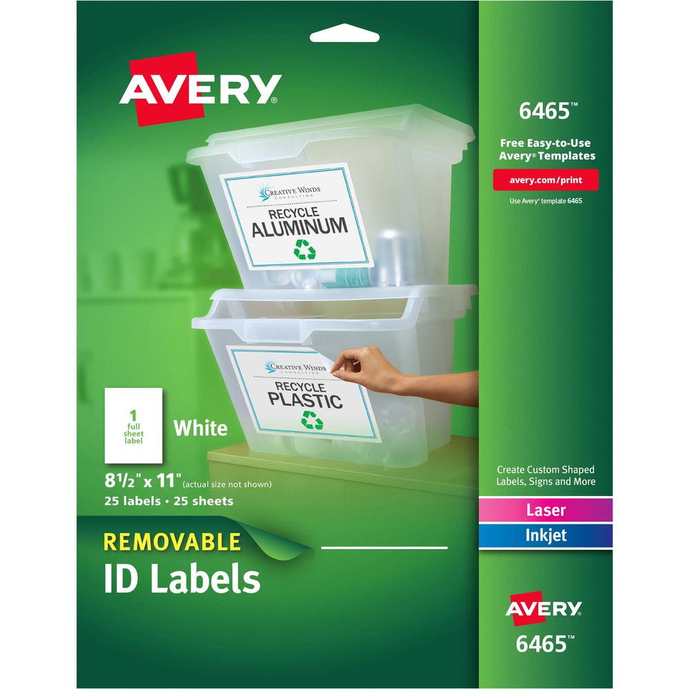 Avery&reg; ID Label - 8 1/2" Width x 11" Length - Removable Adhesive - Rectangle - Laser, Inkjet - White - Paper - 1 / Sheet - 25 Total Sheets - 25 Total Label(s) - 5. Picture 1