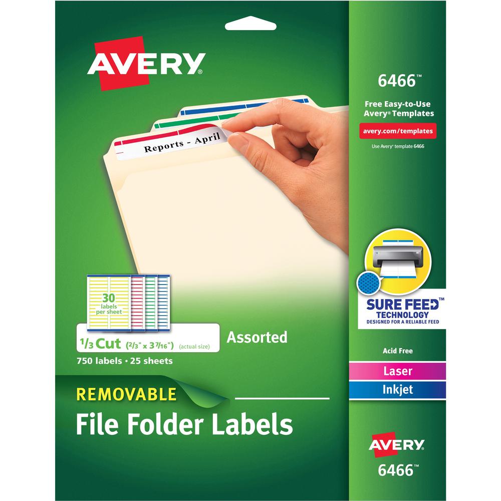 Avery&reg; Removable Laser/Inkjet Filing Labels - 21/32" Width x 3 7/16" Length - Removable Adhesive - Rectangle - Laser, Inkjet - Blue, Green, Red, White, Yellow - Paper - 30 / Sheet - 25 Total Sheet. Picture 1