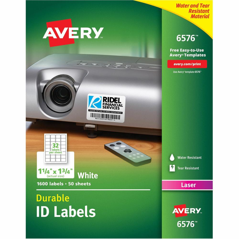 Avery&reg; TrueBlock ID Label - 1 1/4" Width x 1 3/4" Length - Permanent Adhesive - Rectangle - Laser - White - Film - 32 / Sheet - 50 Total Sheets - 1600 Total Label(s) - 5. The main picture.