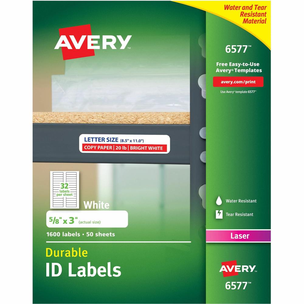 Avery&reg; Permanent Durable ID Laser Labels - 5/8" Width x 3" Length - Permanent Adhesive - Rectangle - Laser - White - Film - 32 / Sheet - 50 Total Sheets - 1600 Total Label(s) - 5. Picture 1