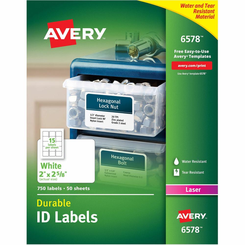 Avery&reg; Permanent Durable ID Laser Labels - 2" Width x 2 5/8" Length - Permanent Adhesive - Rectangle - Laser - White - Film - 15 / Sheet - 50 Total Sheets - 750 Total Label(s) - 5. The main picture.