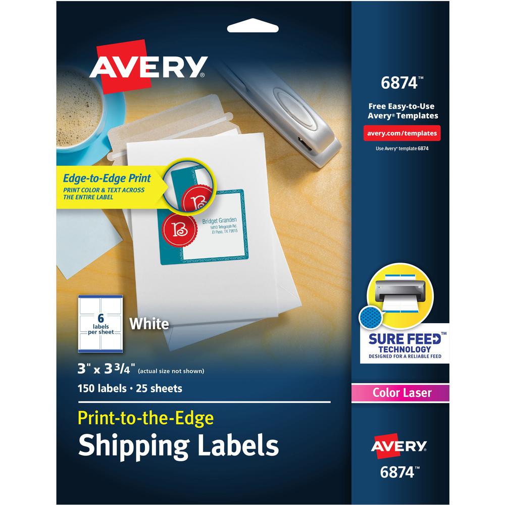 Avery&reg; Shipping Labels with Sure Feed&reg; for Color Laser Printers, Print-to-the-Edge, 3" x 3-3/4" , 150 White Labels (6874) - Avery&reg; Shipping Labels, Sure Feed, 3" x 3-3/4" , 150 Labels (687. The main picture.