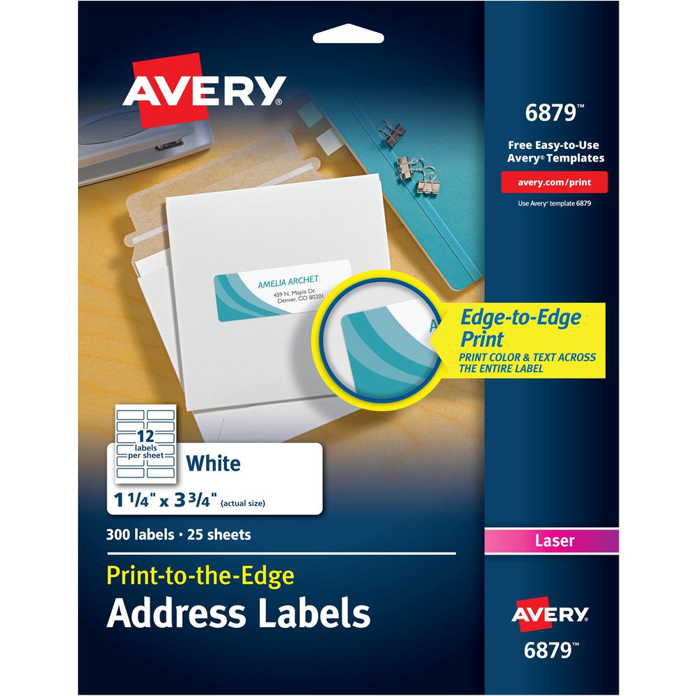 Avery&reg; Print to the Edge Shipping Label 1-1/4"x3-3/4" 300 Labels (6879) - 3 3/4" Width x 1 1/4" Length - Permanent Adhesive - Rectangle - Laser, Inkjet - White - Paper - 12 / Sheet - 25 Total Shee. Picture 1