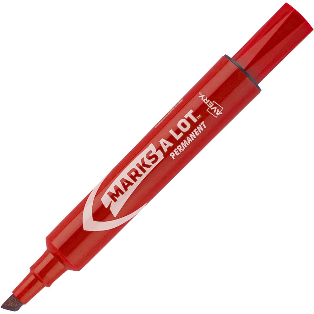 Avery&reg; Marks A Lot Permanent Markers - Regular Marker Point - 4.7625 mm Marker Point Size - Chisel Marker Point Style - Red - Red Plastic Barrel - 1 Dozen. Picture 1