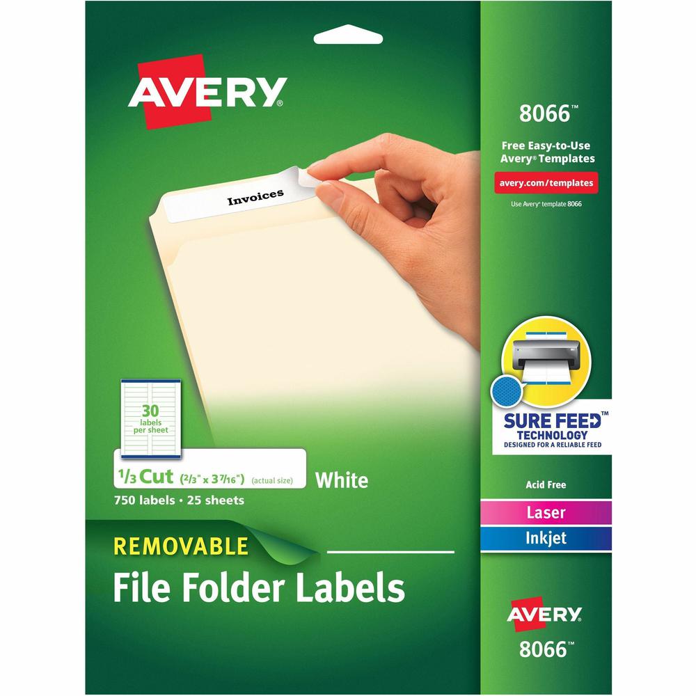 Avery&reg; Removable File Folder Labels - 21/32" Width x 3 7/16" Length - Removable Adhesive - Rectangle - Laser, Inkjet - White - Paper - 30 / Sheet - 25 Total Sheets - 750 Total Label(s) - 750 / Pac. Picture 1