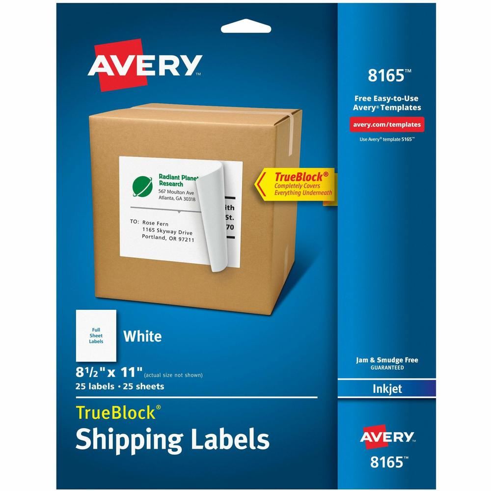 Avery&reg; TrueBlock Shipping Labels, 8-1/2" x 11" , 25 Labels (8165) - 8 1/2" Width x 11" Length - Permanent Adhesive - Inkjet - White - Paper - 1 / Sheet - 25 Total Sheets - 25 Total Label(s) - 25 /. Picture 1