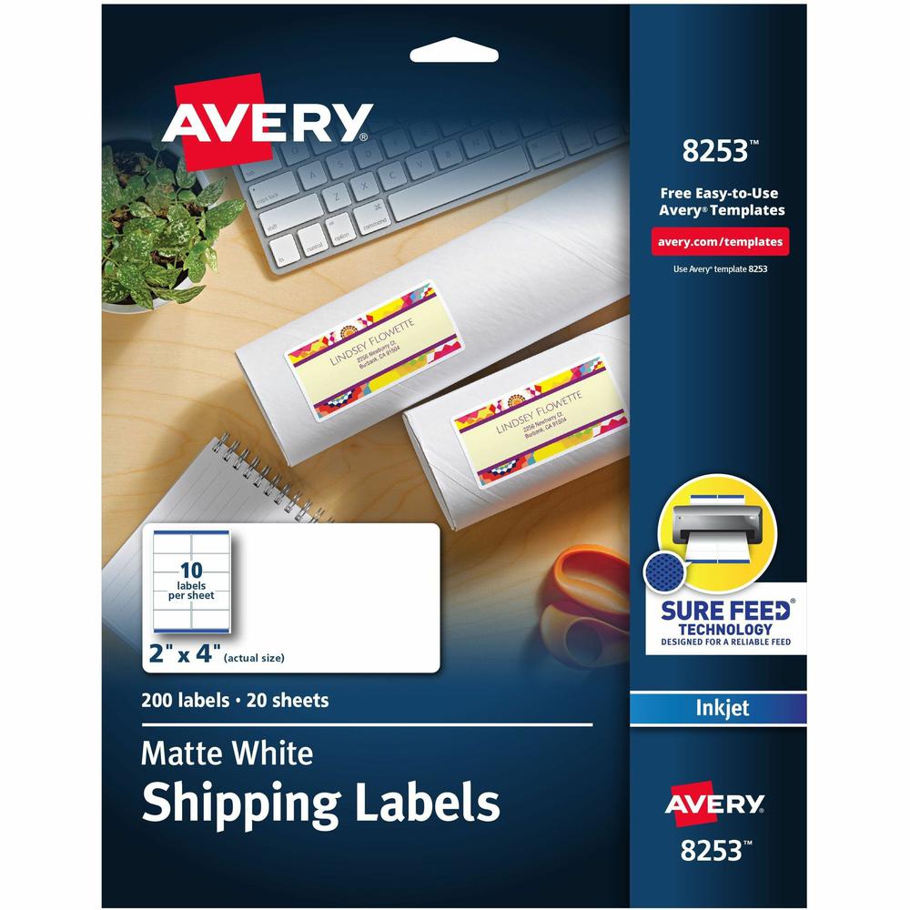 Avery&reg; White Shipping Labels, Sure Feed&reg;, 2" x 4" , 200 Labels (8253) - 2" Width x 4" Length - Permanent Adhesive - Rectangle - Inkjet - White - Paper - 10 / Sheet - 20 Total Sheets - 200 Tota. Picture 1