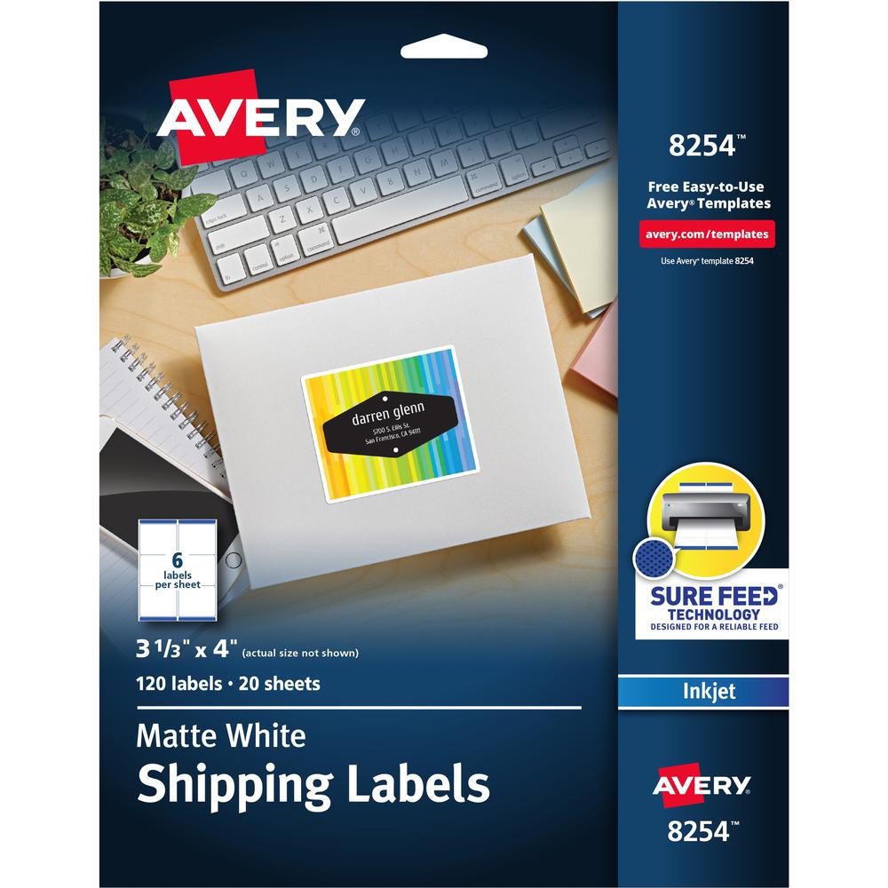 Avery&reg; White Shipping Labels, Sure Feed(R), 3-1/3" x 4" , 120 Labels (8254) - 3 21/64" Width x 4" Length - Permanent Adhesive - Rectangle - Inkjet, Laser - White - Paper - 6 / Sheet - 20 Total She. The main picture.