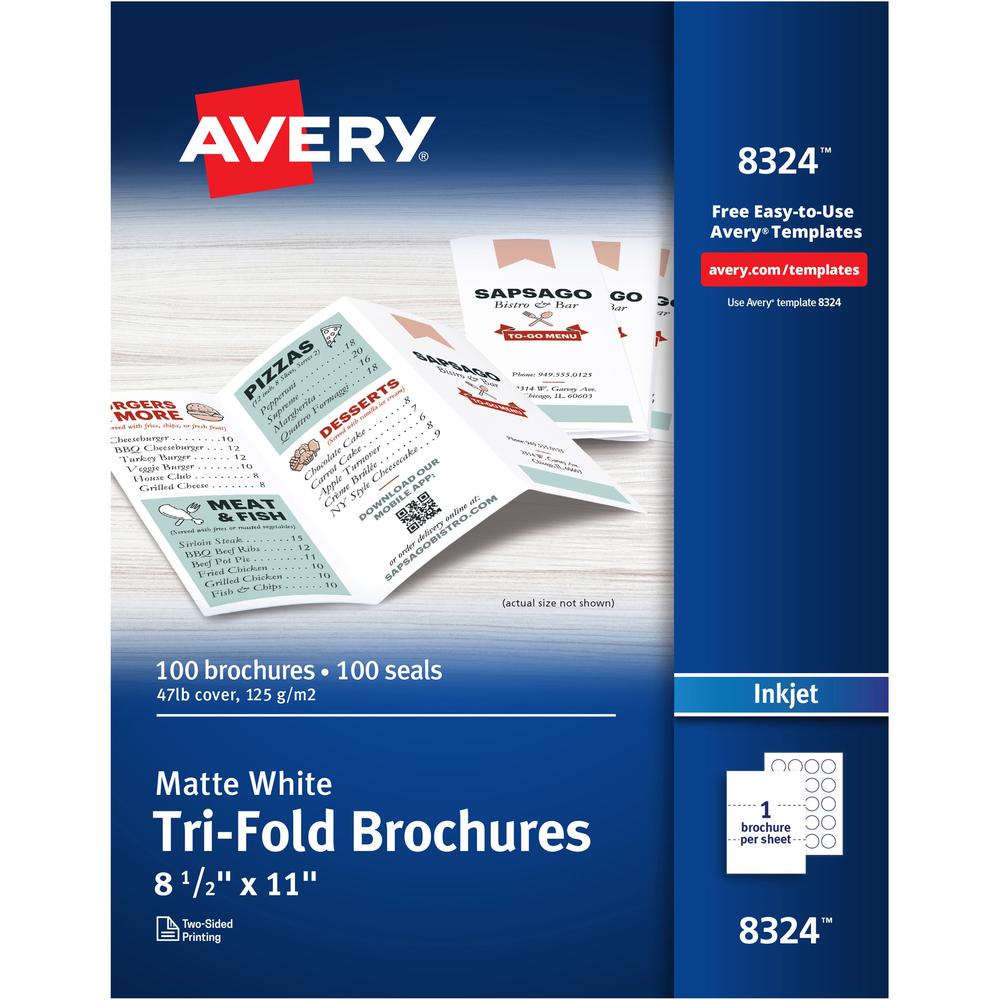 Avery&reg; Tri-Fold Brochures - 2-Sided Printing - 108 Brightness - Letter - 8 1/2" x 11" - Matte - 100 / Box - Heavyweight, Jam-free, Smudge-free, Double-sided - White. Picture 1