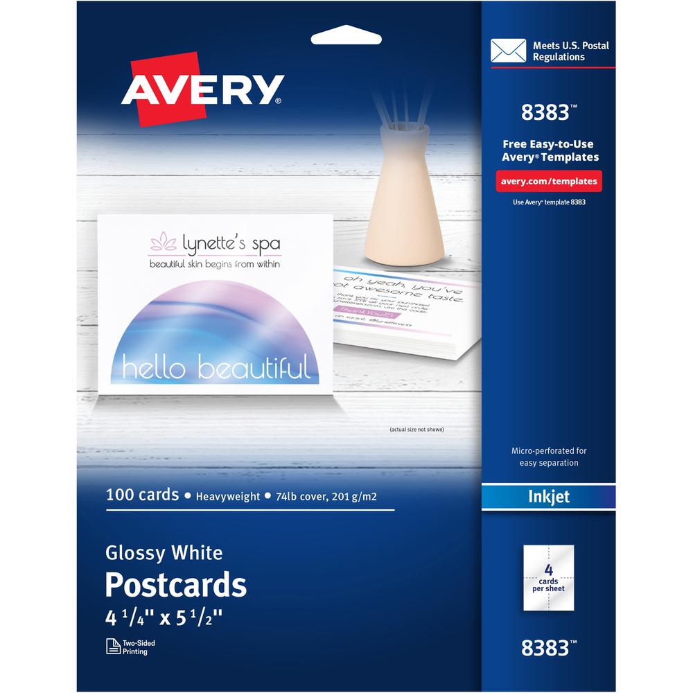 Avery&reg; Postcards - 98 Brightness - 5 1/2" x 4 1/4" - Glossy - 100 / Pack - Perforated, Heavyweight, Rounded Corner, Double-sided, Recyclable - White. Picture 1