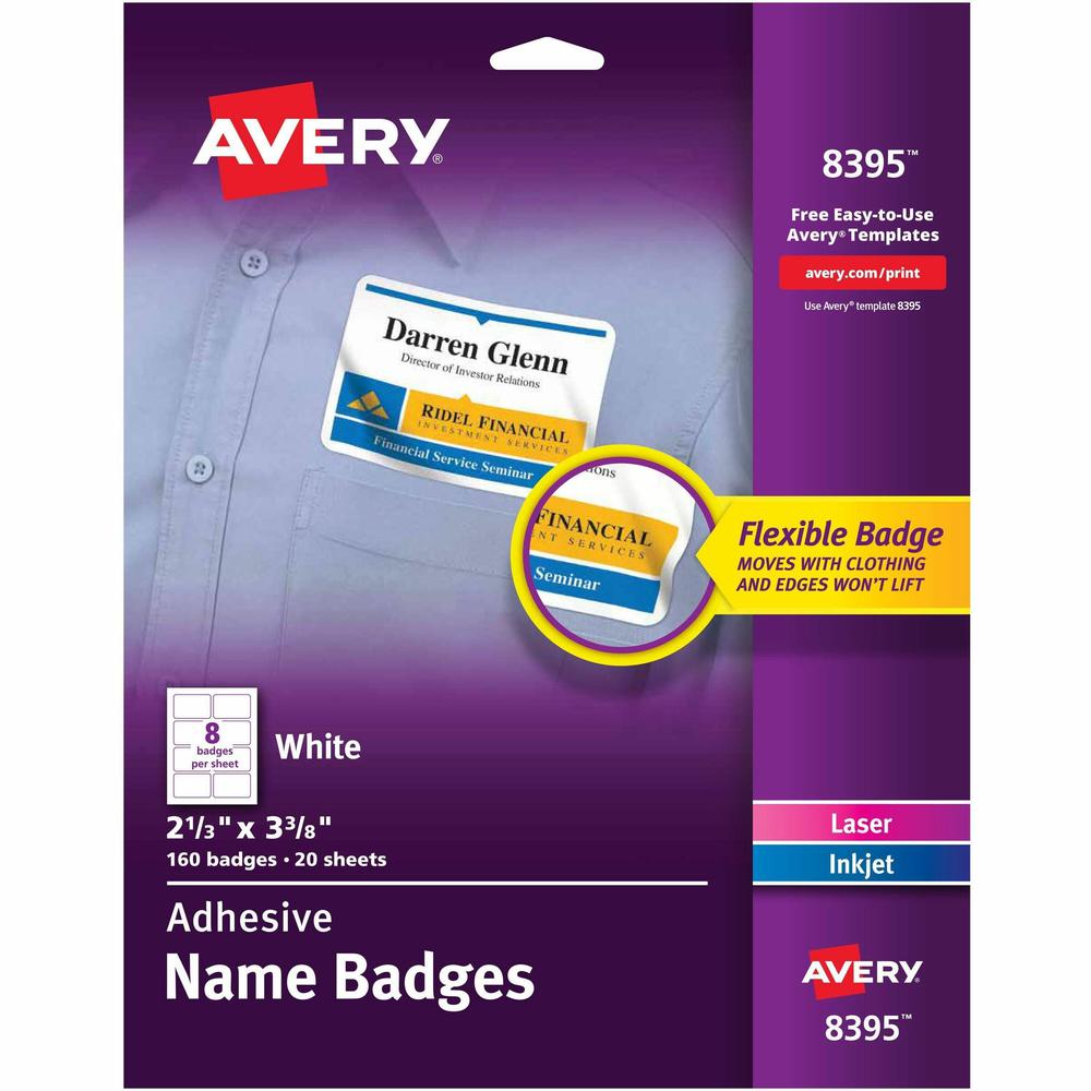 Avery&reg; Adhesive Name Badges - 2 21/64" Width x 3 3/8" Length - Removable Adhesive - Rectangle - Laser, Inkjet - White - Film - 8 / Sheet - 20 Total Sheets - 160 Total Label(s) - 160 / Pack. Picture 1