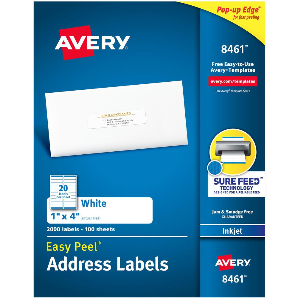 Avery&reg; Easy Peel White Inkjet Mailing Labels - 1" Width x 4" Length - Permanent Adhesive - Rectangle - Inkjet - White - Paper - 20 / Sheet - 100 Total Sheets - 2000 Total Label(s) - 2000 / Box. Picture 1