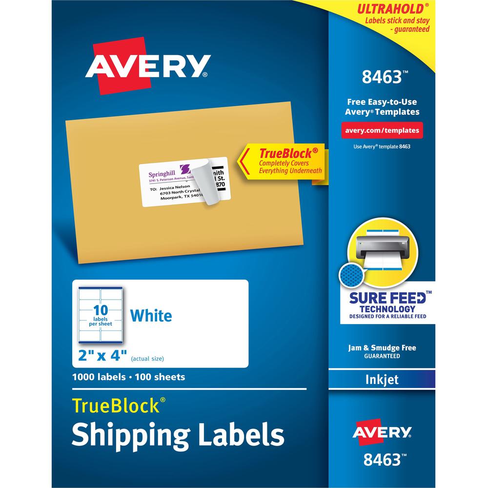 Avery&reg; Shipping Labels, Sure Feed, 2" x 4" 1,000 White Labels (8463) - Permanent Adhesive - Rectangle - Inkjet - White - Paper - 10 / Sheet - 100 Total Sheets - 1000 Total Label(s) - 1000 / Box - . Picture 1