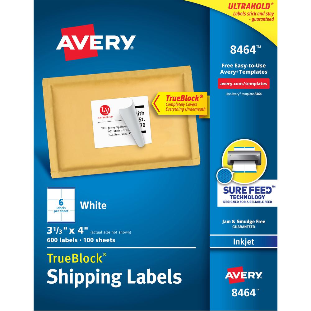 Avery&reg; TrueBlock Shipping Labels - 3 21/64" Width x 4" Length - Permanent Adhesive - Rectangle - Inkjet - White - Paper - 6 / Sheet - 100 Total Sheets - 600 Total Label(s) - 600 / Box. Picture 1