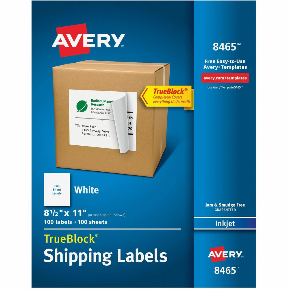 Avery&reg; TrueBlock Shipping Label - 8 1/2" Width x 11" Length - Permanent Adhesive - Inkjet - White - Paper - 1 / Sheet - 100 Total Sheets - 100 Total Label(s) - 100 / Box - Permanent Adhesive, Jam . Picture 1