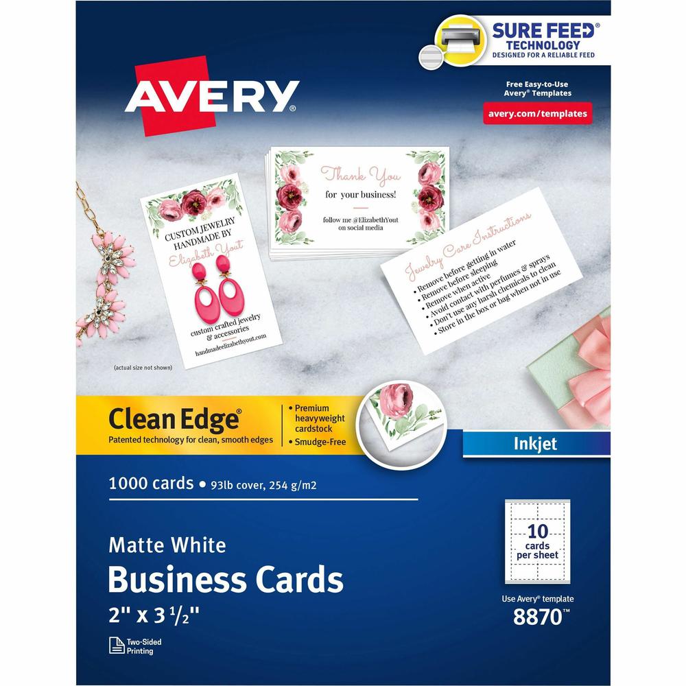 Avery&reg; Clean Edge Business Cards - 110 Brightness - 2" x 3 1/2" - Matte - 1000 / Box - Heavyweight, Rounded Corner, Smooth Edge, Jam-free, Smudge-free - White. Picture 1