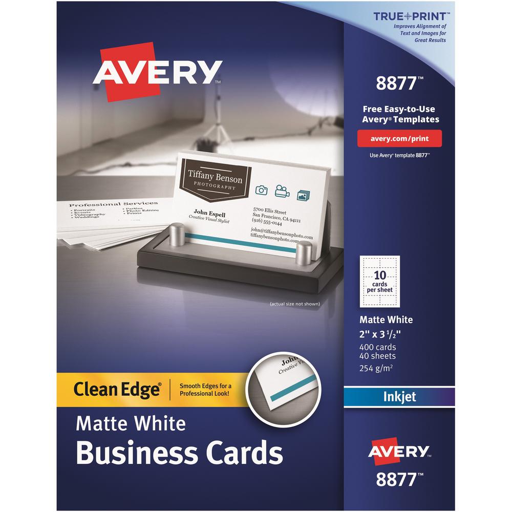 Avery&reg; Clean Edge Business Cards - 110 Brightness - 2" x 3 1/2" - Matte - 400 / Box - Heavyweight, Rounded Corner, Smooth Edge, Jam-free, Smudge-free, Double-sided - White. Picture 1