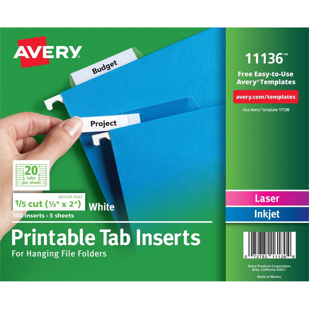 Avery&reg; Printable Tab Inserts for Hanging File Folders - 100 Print-on Tab(s) - 5 Tab(s)/Set2" Tab Width - Paper Divider - White Tab(s) - 1 / Pack. Picture 1