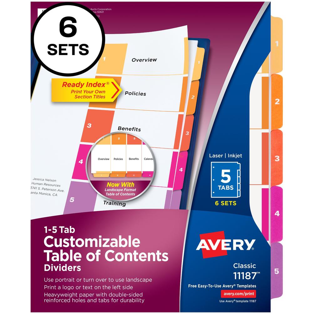 Avery&reg; Ready Index&reg; Table of Content Dividersfor Laser and Inkjet Printers - 30 x Divider(s) - 1-5 - 5 Tab(s)/Set - 8.5" Divider Width x 11" Divider Length - 3 Hole Punched - White Paper Divid. Picture 1