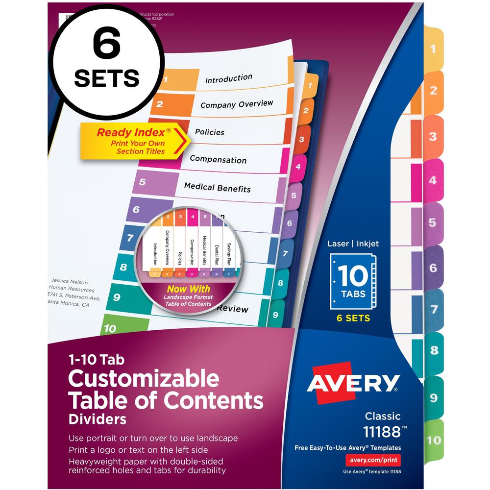 Avery&reg; Ready Index Custom TOC Binder Dividers - 60 x Divider(s) - 1-10 - 10 Tab(s)/Set - 8.5" Divider Width x 11" Divider Length - 3 Hole Punched - White Paper Divider - Multicolor Paper Tab(s) - . Picture 1