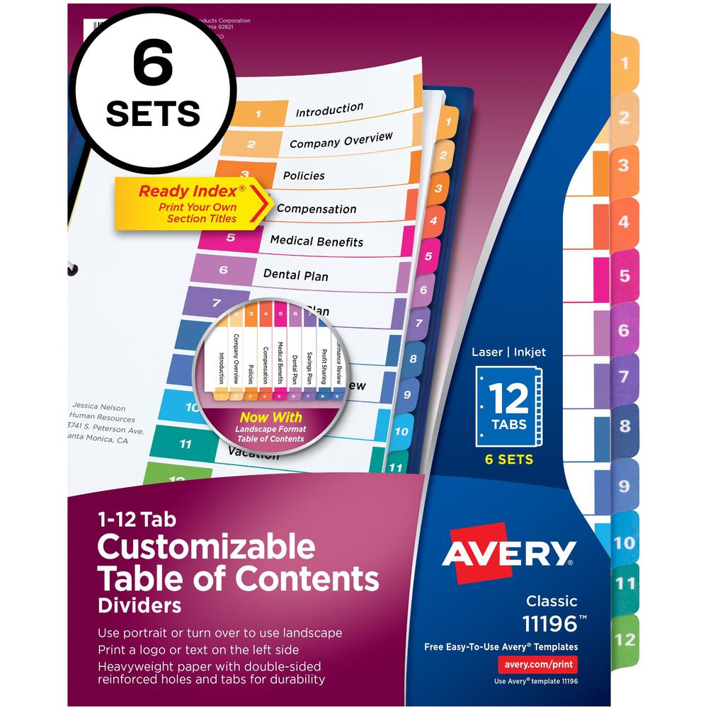 Avery&reg; Ready Index&reg; Table of Content Dividers for Laser and Inkjet Printers - 72 x Divider(s) - 1-12 - 12 Tab(s)/Set - 8.5" Divider Width x 11" Divider Length - 3 Hole Punched - White Paper Di. Picture 1