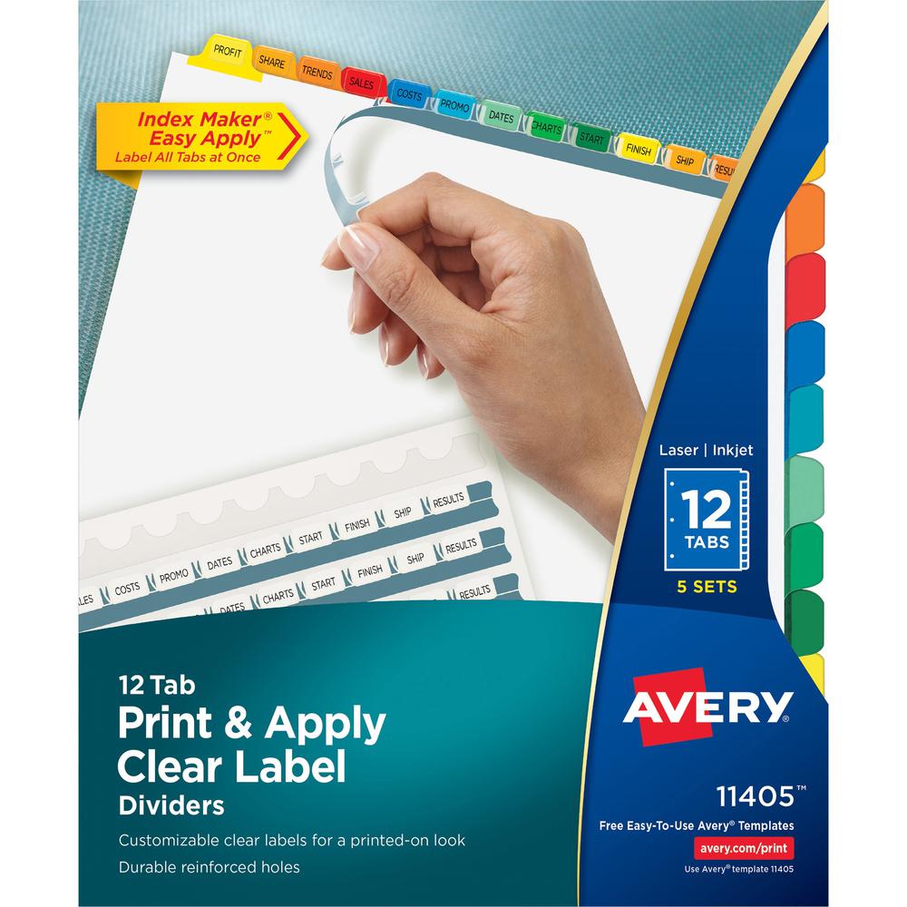 Avery&reg; Index Maker Index Divider - 60 x Divider(s) - 12 - 12 Tab(s)/Set - 8.5" Divider Width x 11" Divider Length - 3 Hole Punched - White Paper Divider - Multicolor Paper Tab(s) - Recycled - 5 / . Picture 1