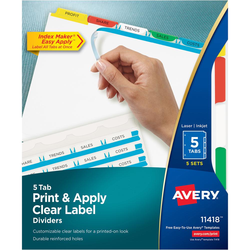 Avery&reg; Index Maker Index Divider - 25 x Divider(s) - 5 - 5 Tab(s)/Set - 8.5" Divider Width x 11" Divider Length - 3 Hole Punched - White Paper Divider - Multicolor Paper Tab(s) - 5 / Set. The main picture.
