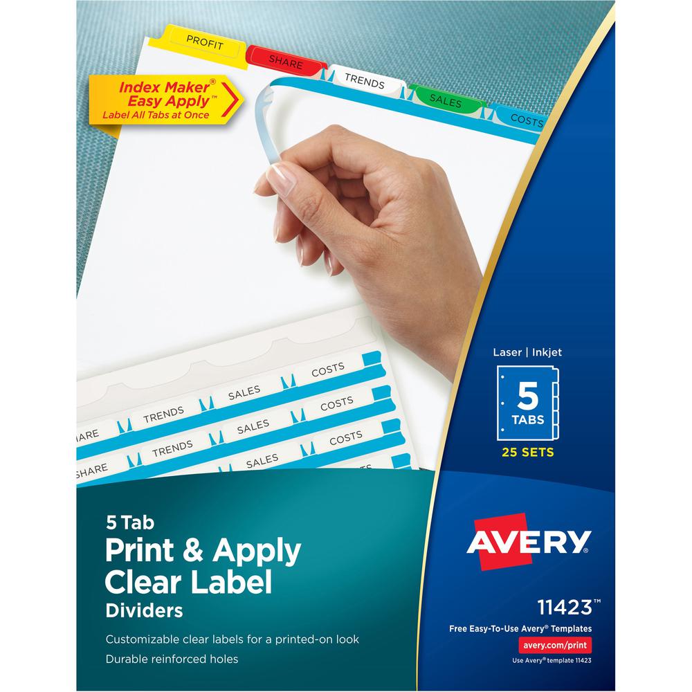 Avery&reg; Index Maker Index Divider - 125 x Divider(s) - 5 - 5 Tab(s)/Set - 8.5" Divider Width x 11" Divider Length - 3 Hole Punched - White Paper Divider - Multicolor Paper Tab(s) - 25 / Set. Picture 1