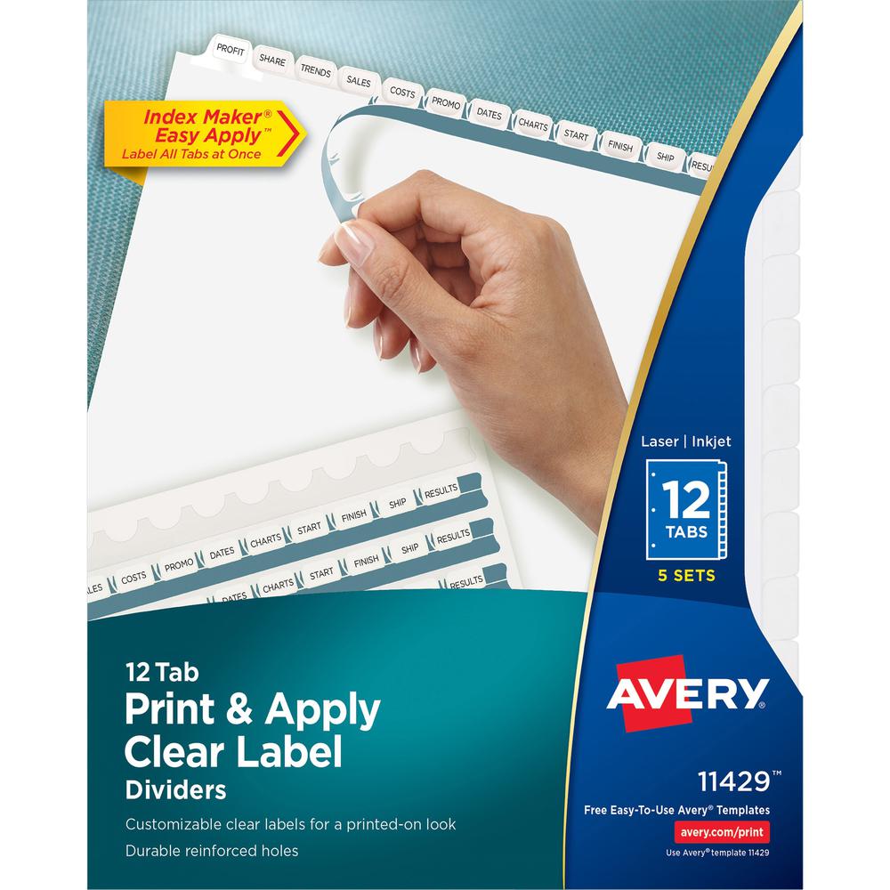 Avery&reg; Index Maker Index Divider - 60 x Divider(s) - Print-on Tab(s) - 12 - 12 Tab(s)/Set - 8.5" Divider Width x 11" Divider Length - 3 Hole Punched - White Paper Divider - White Paper Tab(s) - Re. Picture 1