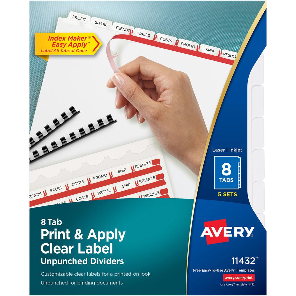 Avery&reg; Print & Apply Label Unpunched Dividers - Index Maker Easy Apply Label Strip - 40 x Divider(s) - 8 Blank Tab(s) - 8 Tab(s)/Set - 8.5" Divider Width x 11" Divider Length - Letter - White Pape. The main picture.