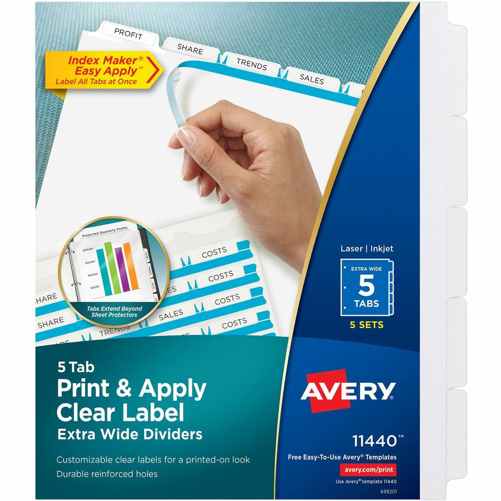 Avery&reg; Index Maker Index Divider - 25 x Divider(s) - Print-on Tab(s) - 5 - 5 Tab(s)/Set - 9.3" Divider Width x 11.25" Divider Length - 3 Hole Punched - White Paper Divider - White Paper Tab(s) - 5. Picture 1
