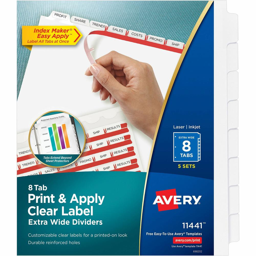 Avery&reg; Index Maker Index Divider - 40 x Divider(s) - Print-on Tab(s) - 8 - 8 Tab(s)/Set - 9.3" Divider Width x 11.25" Divider Length - 3 Hole Punched - White Paper Divider - White Paper Tab(s) - 5. Picture 1