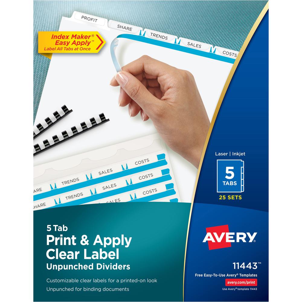 Avery&reg; Print & Apply Label Unpunched Dividers - Index Maker Easy Apply Label Strip - 125 x Divider(s) - 5 Blank Tab(s) - 5 Tab(s)/Set - 8.5" Divider Width x 11" Divider Length - Letter - White Pap. Picture 1