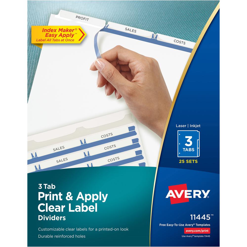 Avery&reg; Print & Apply Clear Label Dividers - Index Maker Easy Apply Label Strip - 75 x Divider(s) - 3 Blank Tab(s) - 3 Tab(s)/Set - 8.5" Divider Width x 11" Divider Length - Letter - 3 Hole Punched. The main picture.