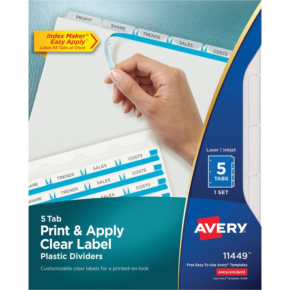 Avery&reg; Index Maker Index Divider - 5 x Divider(s) - 5 - 5 Tab(s)/Set - 8.5" Divider Width x 11" Divider Length - 3 Hole Punched - Translucent Plastic Divider - Frosted Clear Plastic Tab(s) - 1. Picture 1
