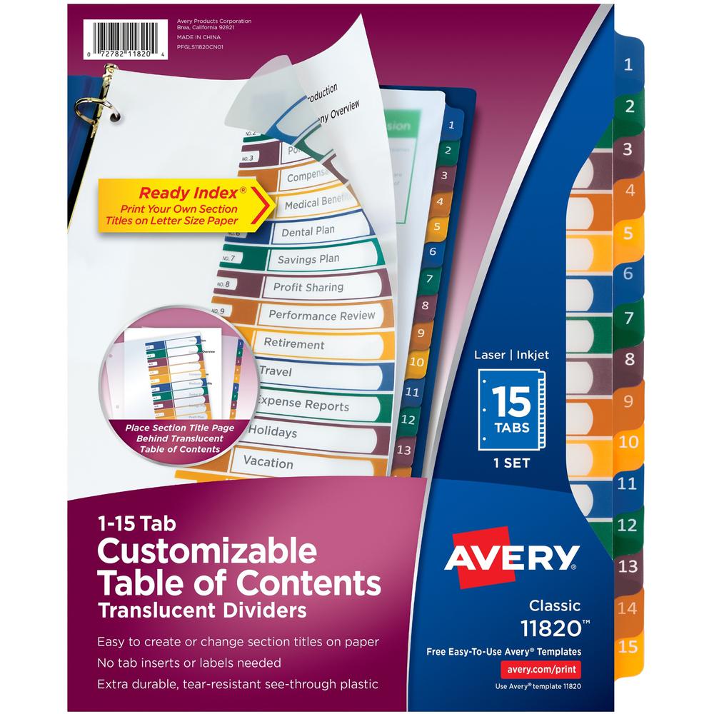 Avery&reg; Ready Index Customizable TOC Binder Dividers - 15 x Divider(s) - 1-15 - 15 Tab(s)/Set - 8.5" Divider Width x 11" Divider Length - 3 Hole Punched - Clear Plastic Divider - Multicolor Plastic. The main picture.