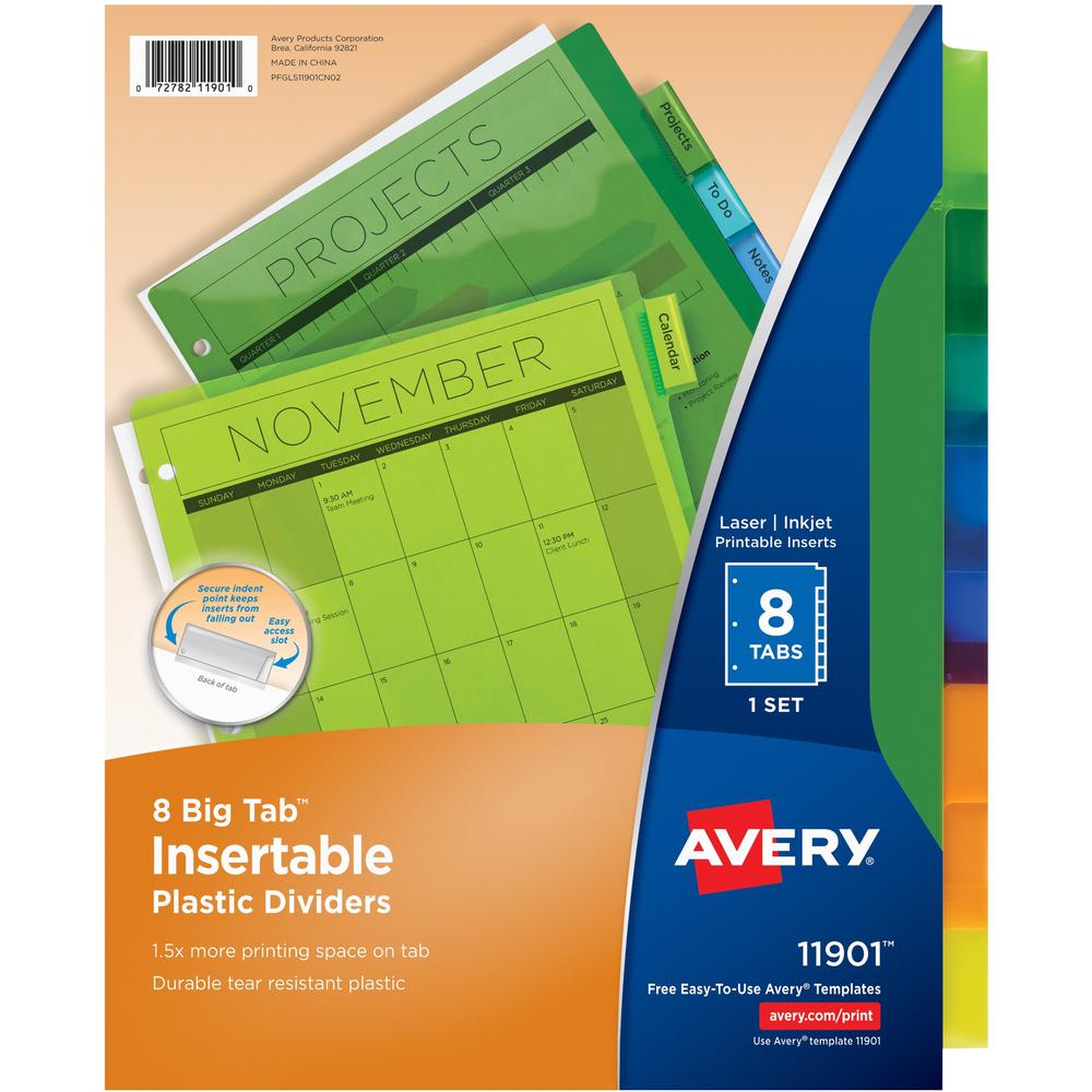 Avery&reg; Big Tab Insertable Plastic Dividers - 8 x Divider(s) - 8 - 8 Tab(s)/Set - 8.5" Divider Width x 11" Divider Length - 3 Hole Punched - Translucent Plastic Divider - Multicolor Plastic Tab(s). Picture 1