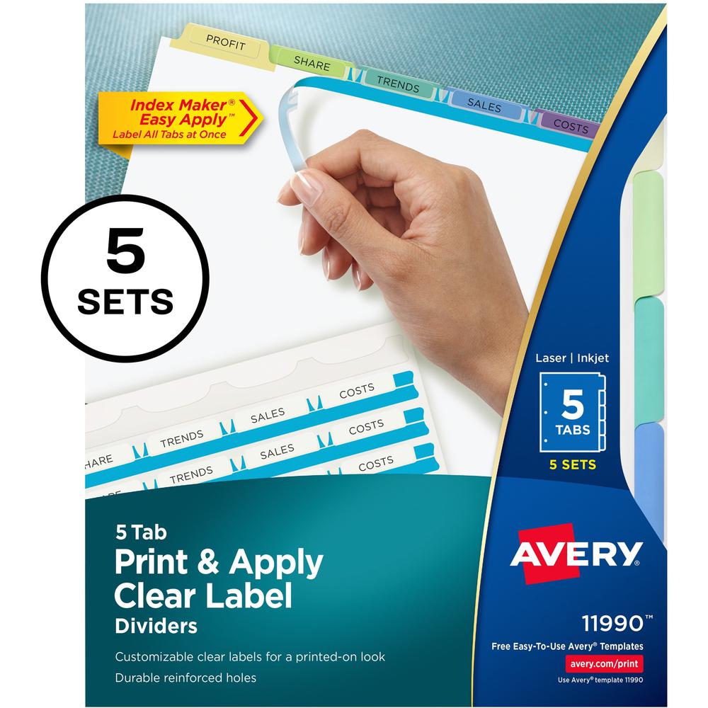 Avery&reg; Index Maker Index Divider - 25 x Divider(s) - Print-on Tab(s) - 5 - 5 Tab(s)/Set - 8.5" Divider Width x 11" Divider Length - 3 Hole Punched - White Paper Divider - Multicolor Paper Tab(s) -. Picture 1