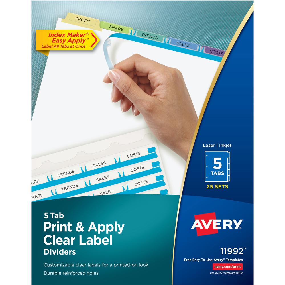 Avery&reg; Index Maker Index Divider - 125 x Divider(s) - Print-on Tab(s) - 5 - 5 Tab(s)/Set - 8.5" Divider Width x 11" Divider Length - 3 Hole Punched - White Paper Divider - Multicolor Paper Tab(s) . Picture 1
